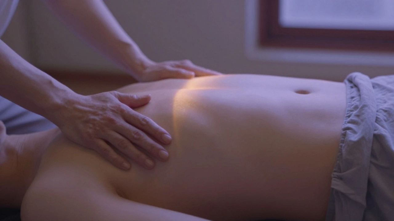 Close-up of hands resting lightly on clothing during a Reiki session, with soft glowing light and tranquil lighting.