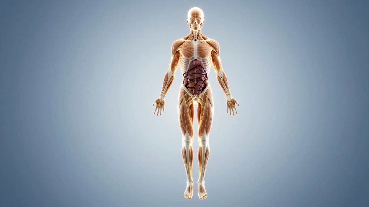 Conceptual image of the human body with glowing fascia web connecting bones and muscles in perfect alignment.