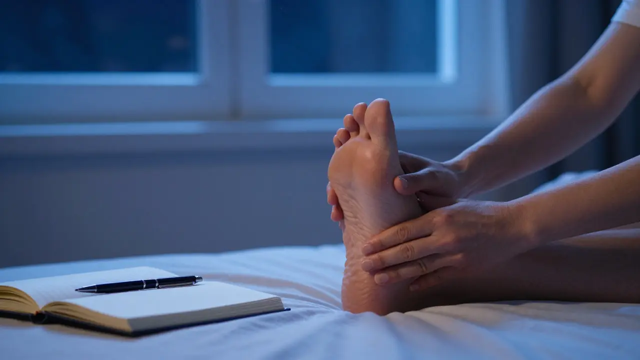 Hands performing reflexology on feet at night, with a serene bedroom backdrop and open journal.
