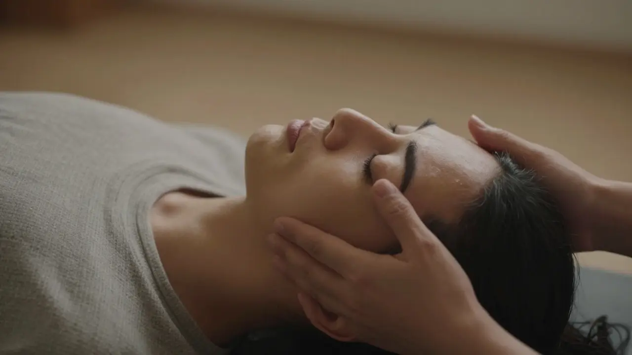 Hands resting softly on someone's temples as they breathe deeply in peaceful stillness.