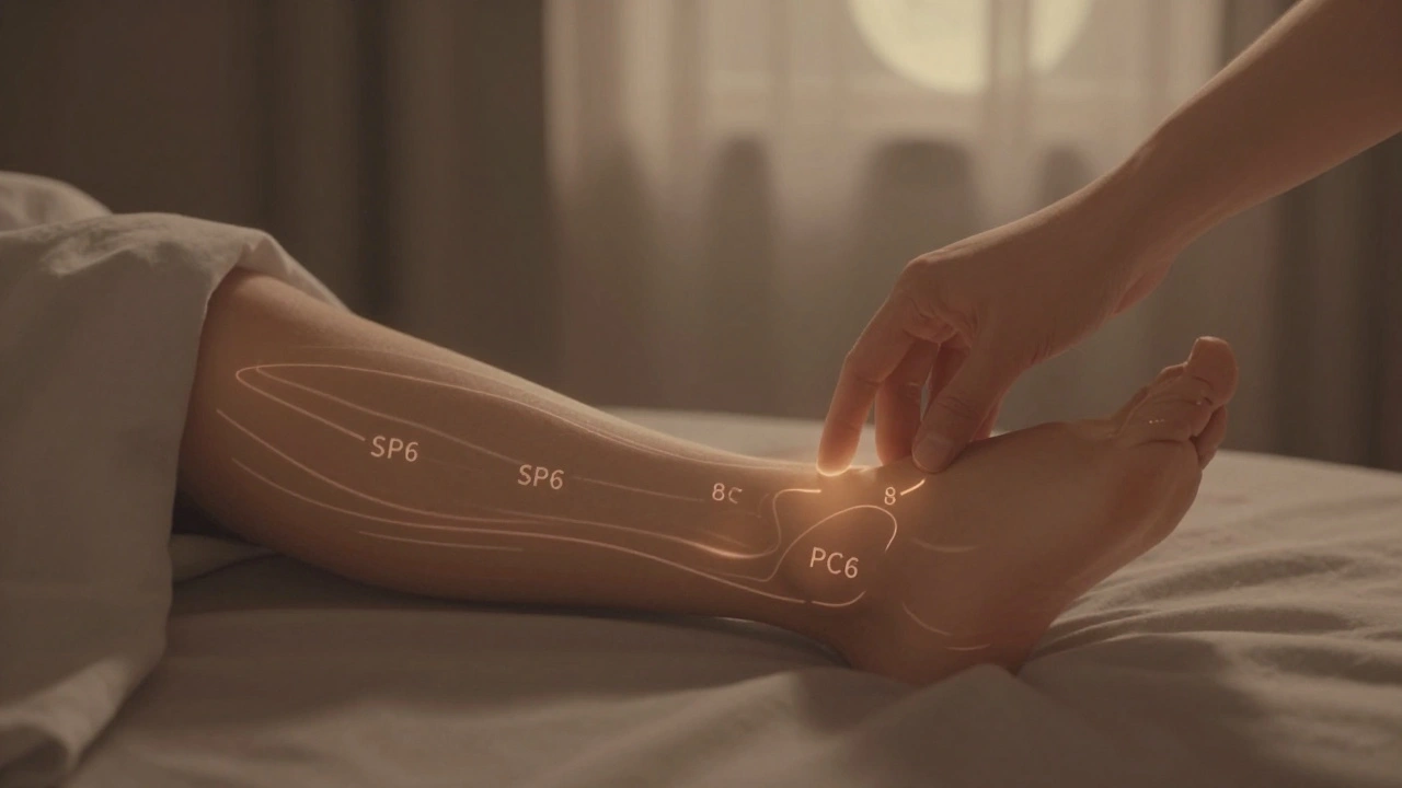 Person gently applying pressure to ankle and wrist acupressure points in bed under moonlight.