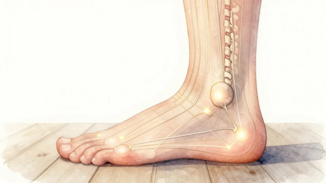 Subtle glowing map connecting foot pressure points to body systems, rendered in watercolor and gold.