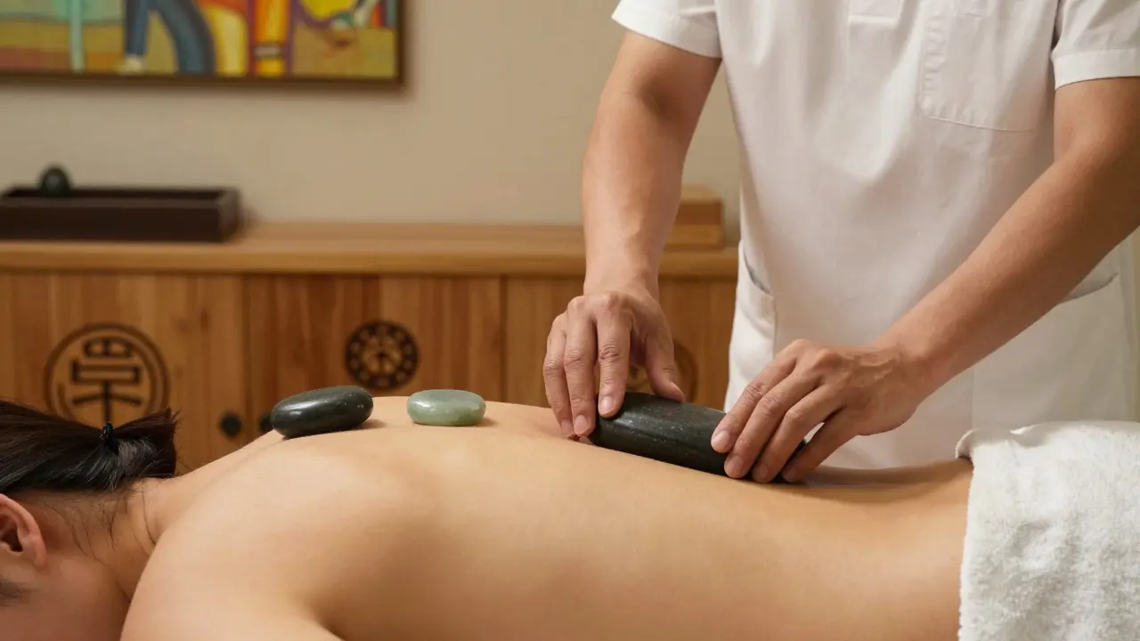 Therapist gently sliding a warm stone along a client's back while cool stones rest on the chest.