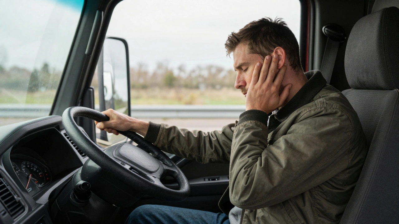Truck driver using acupressure on neck at wheel, morning light in cab, showing quiet pain relief.