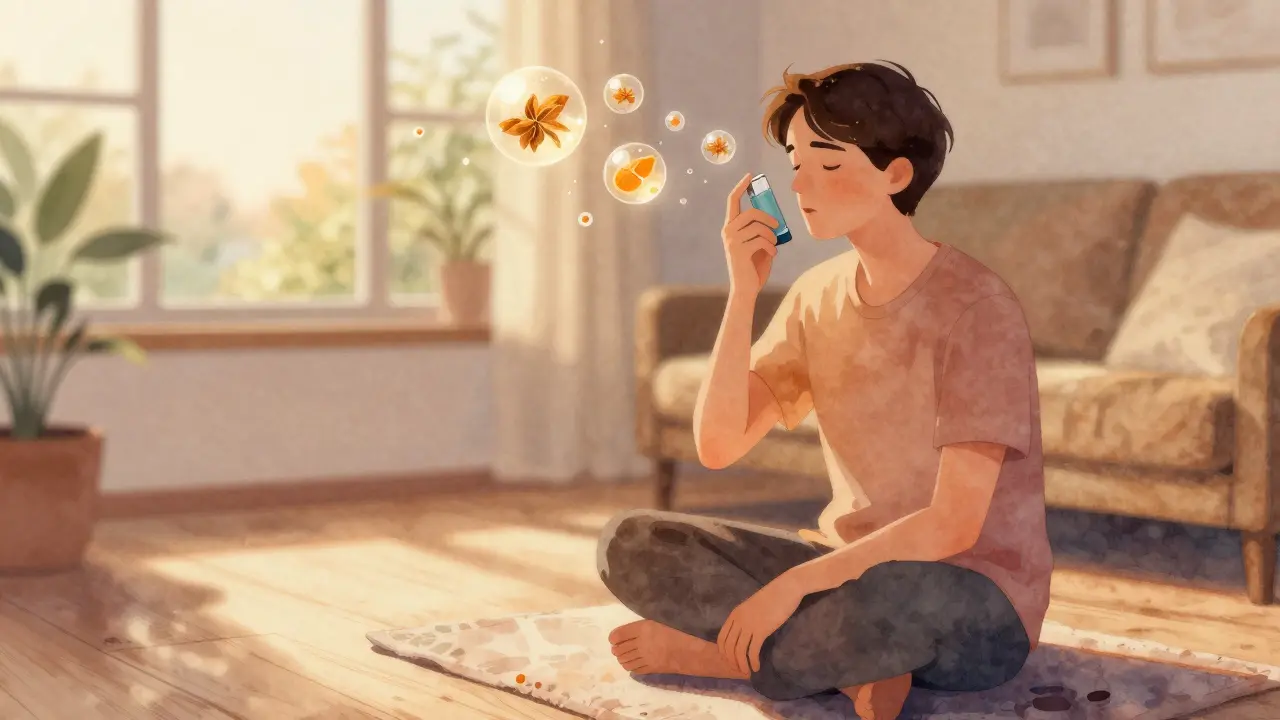 A person inhaling bergamot oil from a personal inhaler, with scent molecules floating toward their head.