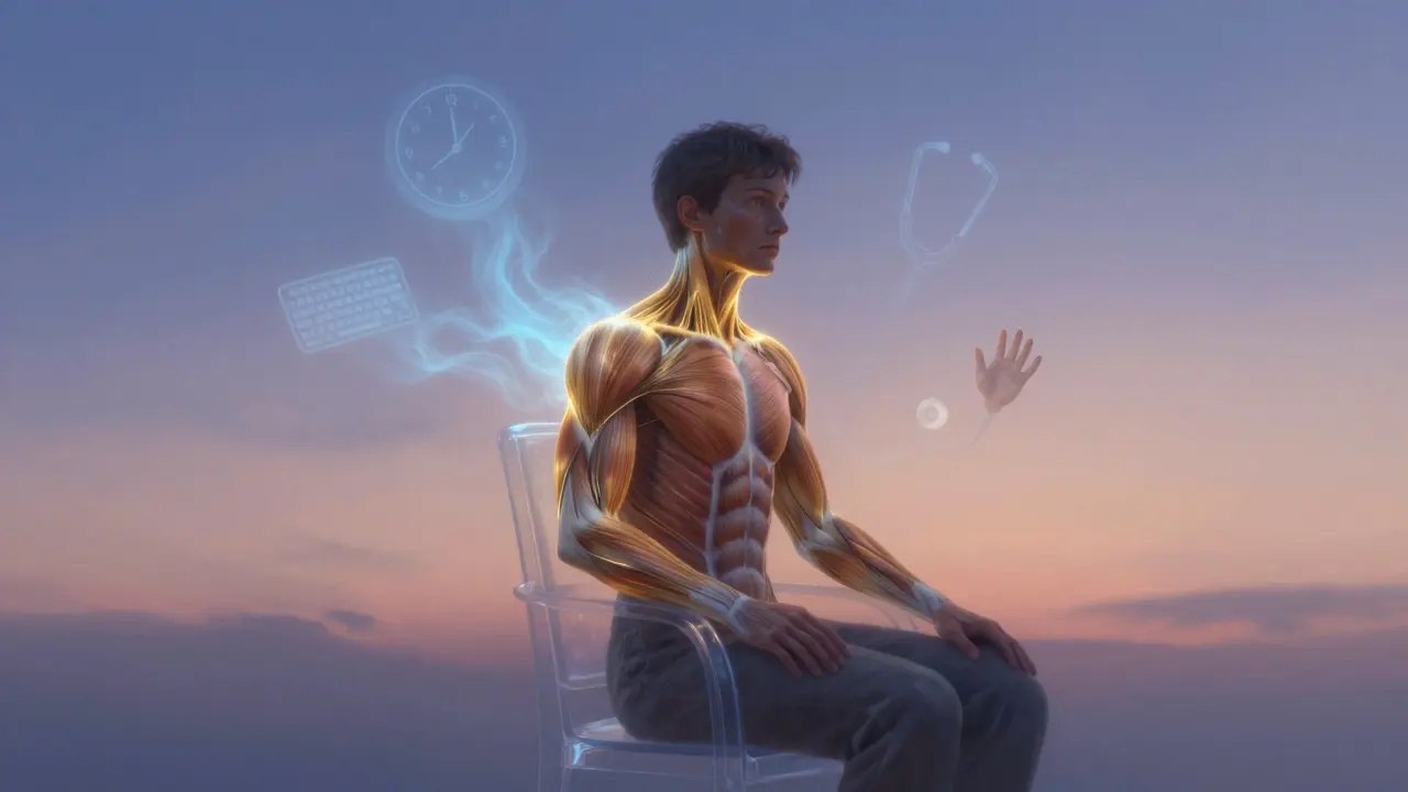 Abstract image of tension releasing from shoulders as golden threads dissolve into calm blue energy.