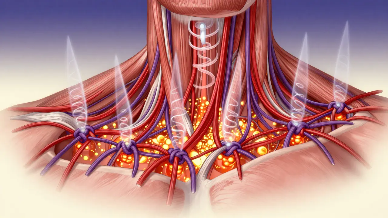 Artistic depiction of fascia release through suction and improved blood flow