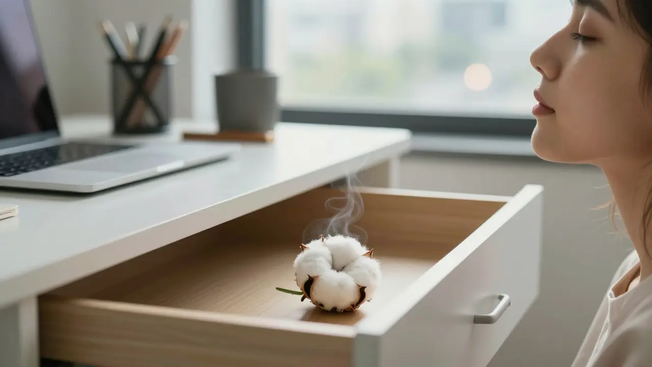 Cotton ball with rosemary oil in desk drawer as person inhales for focus at work.