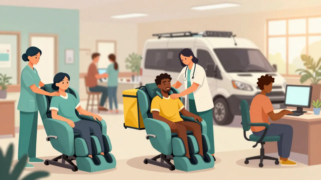 Diverse professionals receiving chair massages in their workplaces: hospital, classroom, van, and home office.