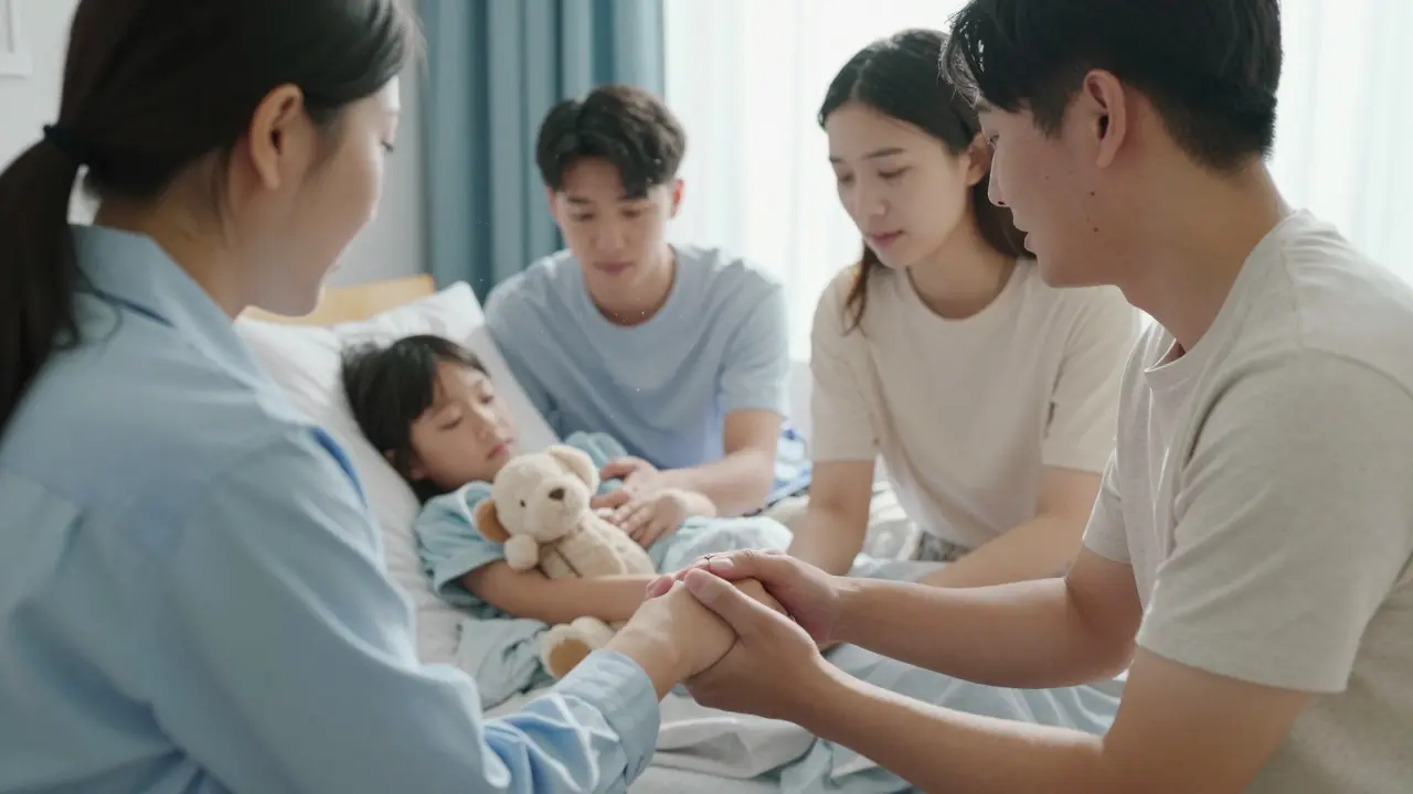 Family learns to hold a child's hand during palliative care at home, sunlight filtering through curtains, stuffed animal nearby.