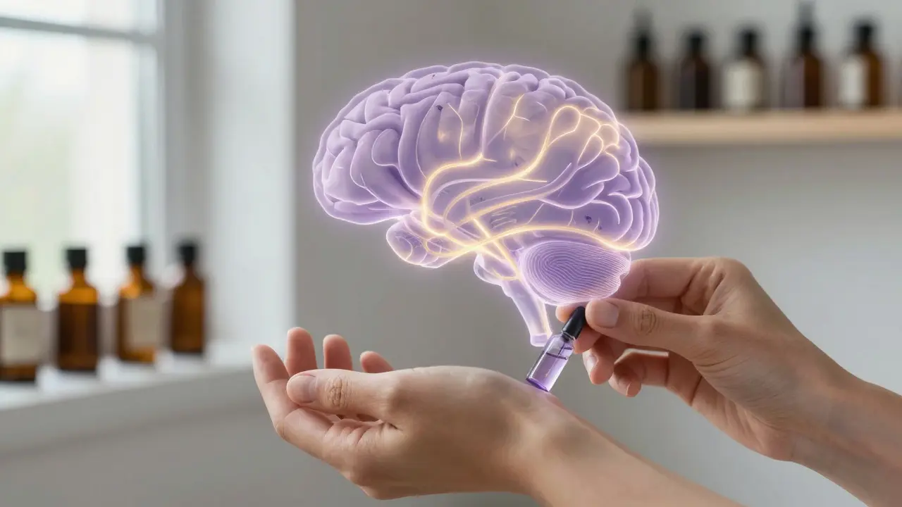 Hands applying diluted lavender oil to the wrist, with faint neural pathways glowing in the brain.
