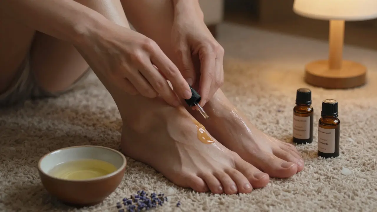 Hands massaging lavender and cedarwood oil blend onto feet in calm home setting.