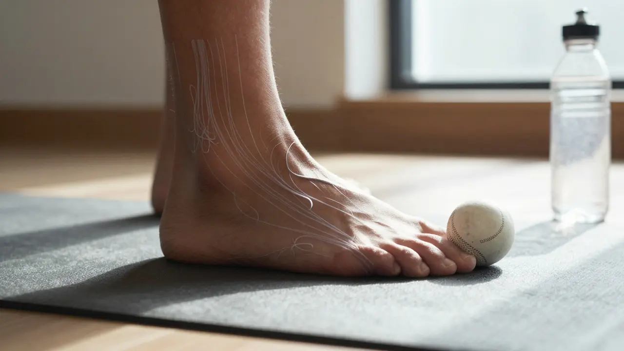 Lacrosse ball pressing sideways on foot arch to realign plantar fascia fibres.