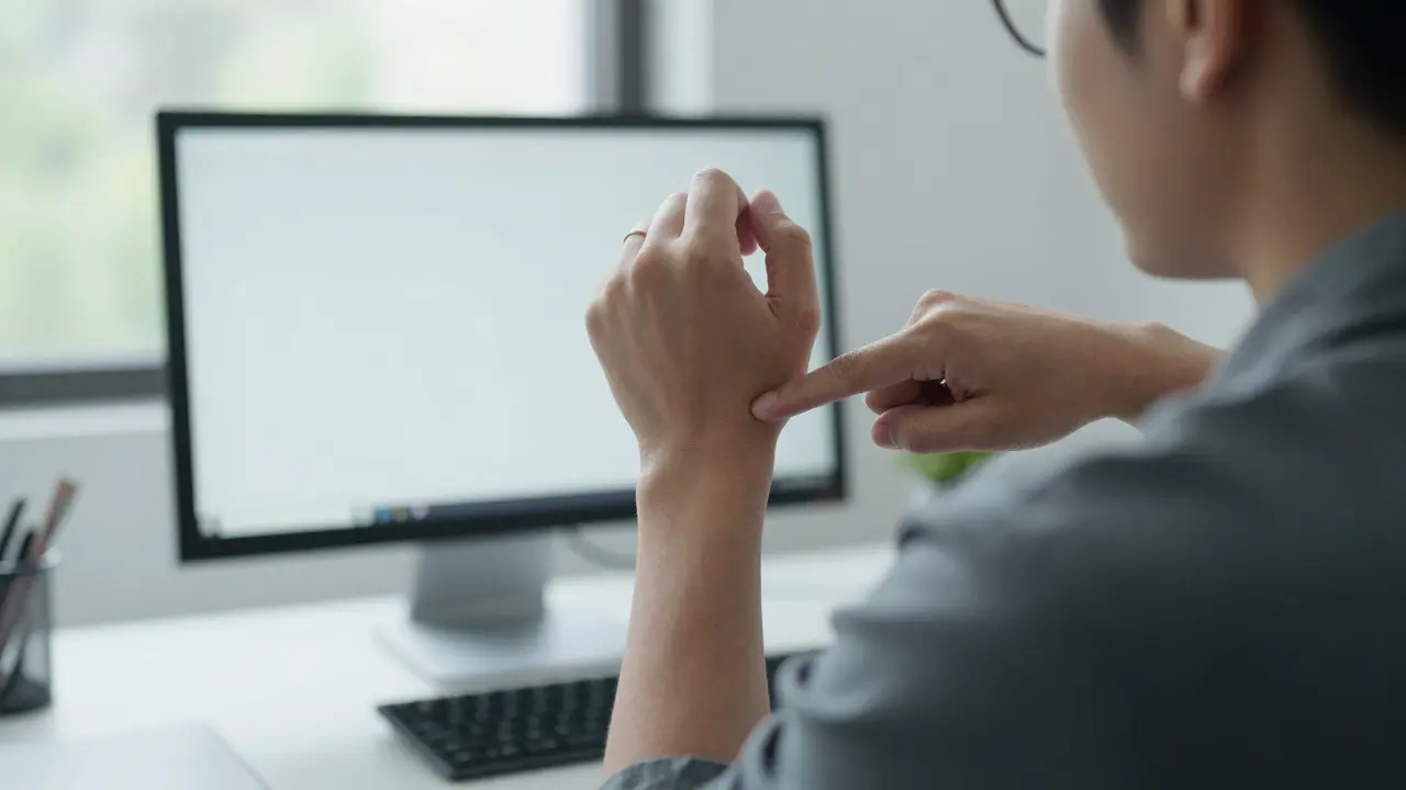 Office worker pressing inner wrist point during a midday break, calm expression.