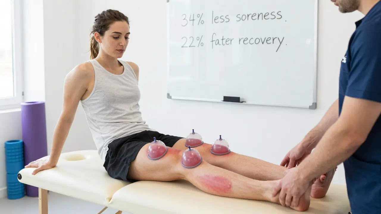 Physiotherapist applying cupping cups to runner's legs in clinic