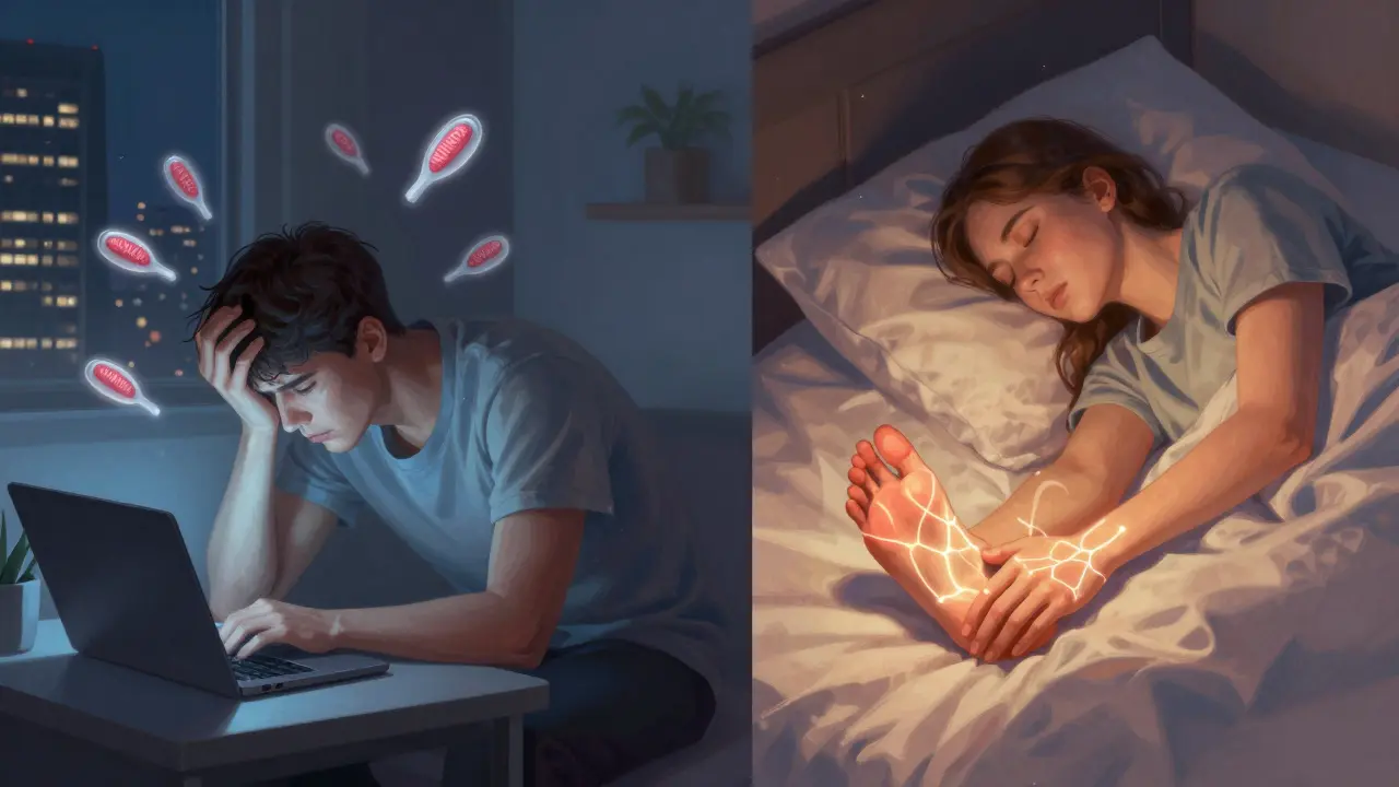 Split image showing stress in a city apartment versus peaceful reflexology at home, with glowing neural pathways connecting feet to brain.