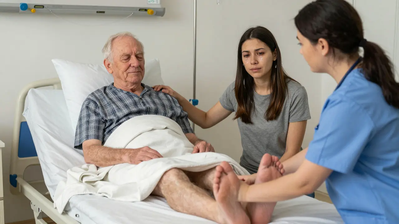 Therapist massages an elderly man's feet in hospice while his daughter watches with emotion, calm and tender moment.