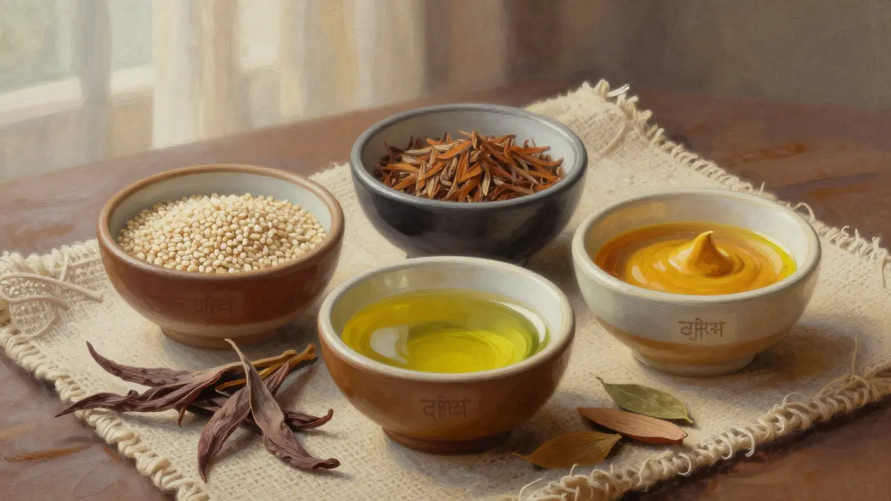 Three bowls of herbal oils—sesame, coconut, and mustard—with dried ayurvedic herbs arranged on a woven cloth.