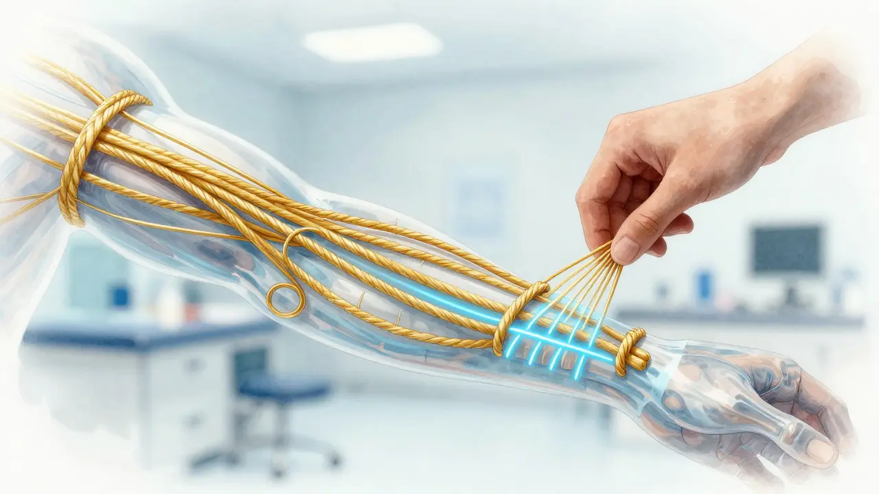 Transparent arm showing tangled collagen fibres being realigned by manual pressure.