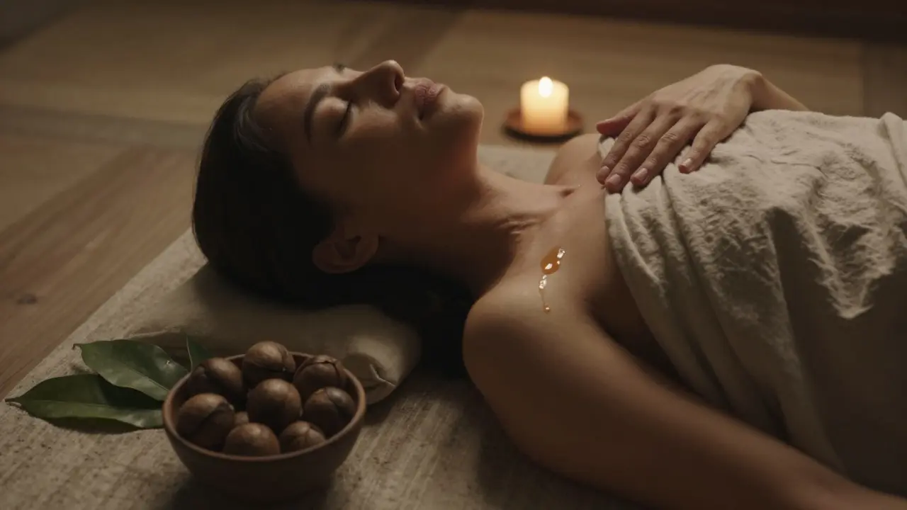 A person lying peacefully after a lomi lomi massage, wrapped in linen, with coconut oil and ti leaves nearby.