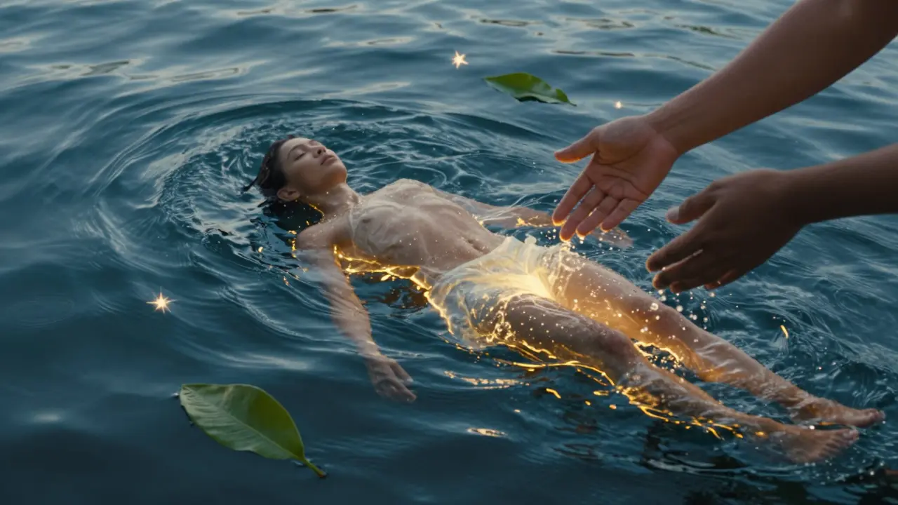 A person surrounded by glowing rhythmic waves of light, symbolizing emotional release during a lomi lomi session.