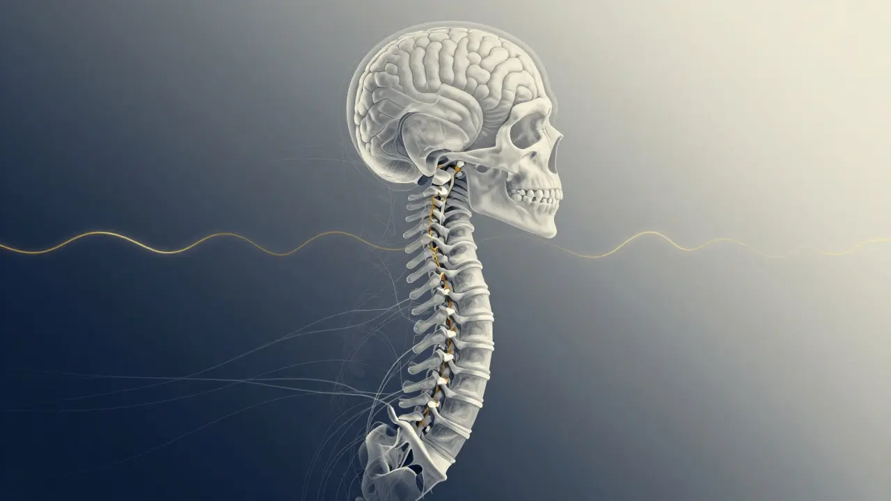 Anatomical illustration of the dura mater connecting skull to sacrum, with subtle pulses of cerebrospinal fluid flowing along its length.