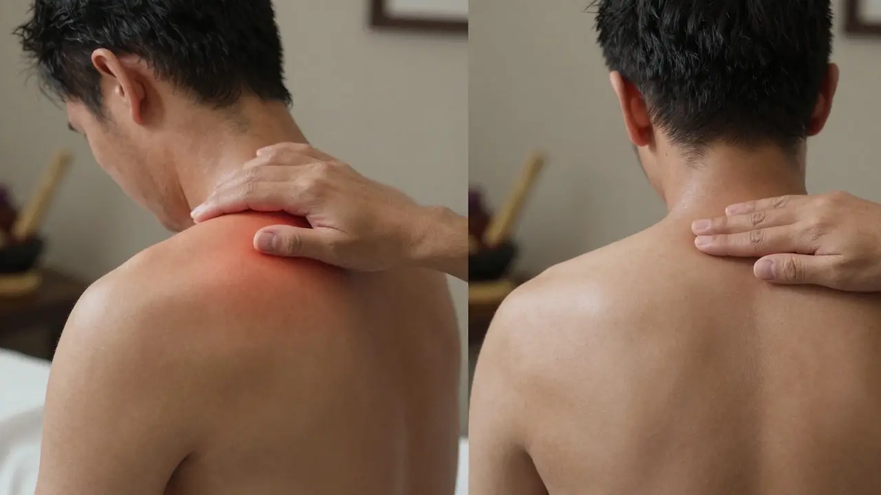 Before and after comparison of muscle tension relief after an authentic Balinese massage, showing improved posture and relaxed muscles.