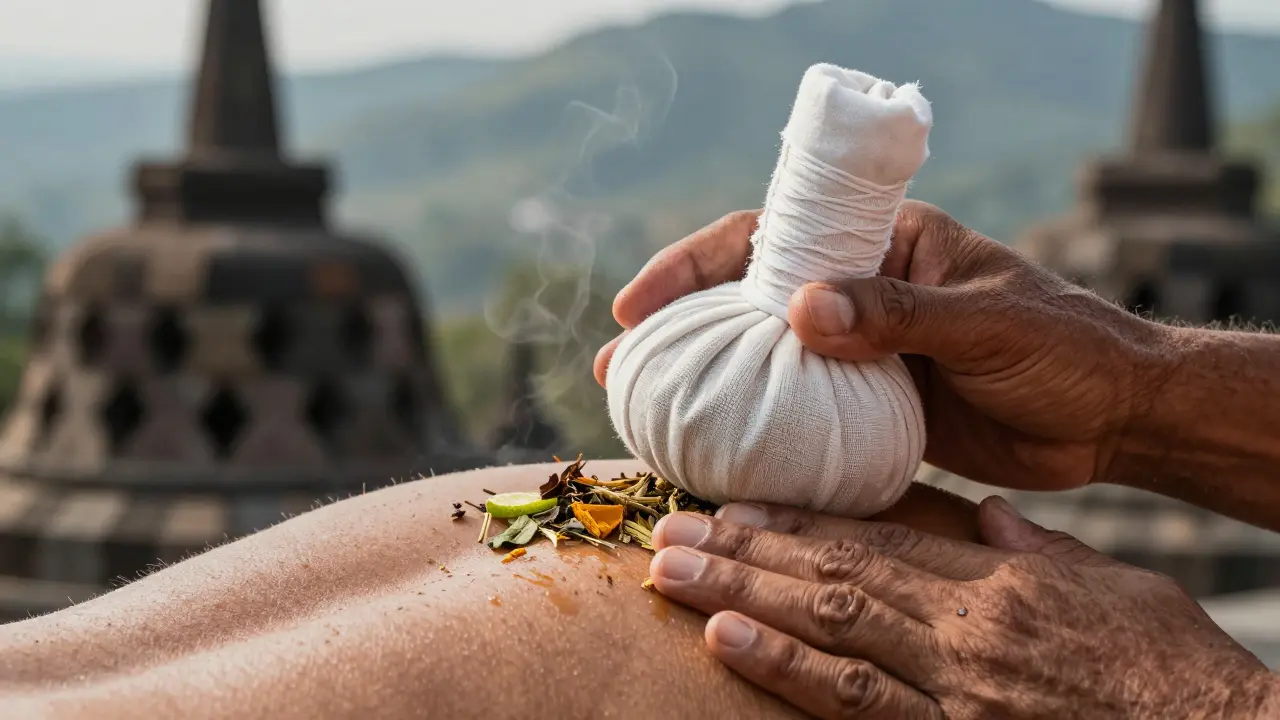 Close-up of hands rolling a steaming herbal compress over a shoulder with visible dried herbs.