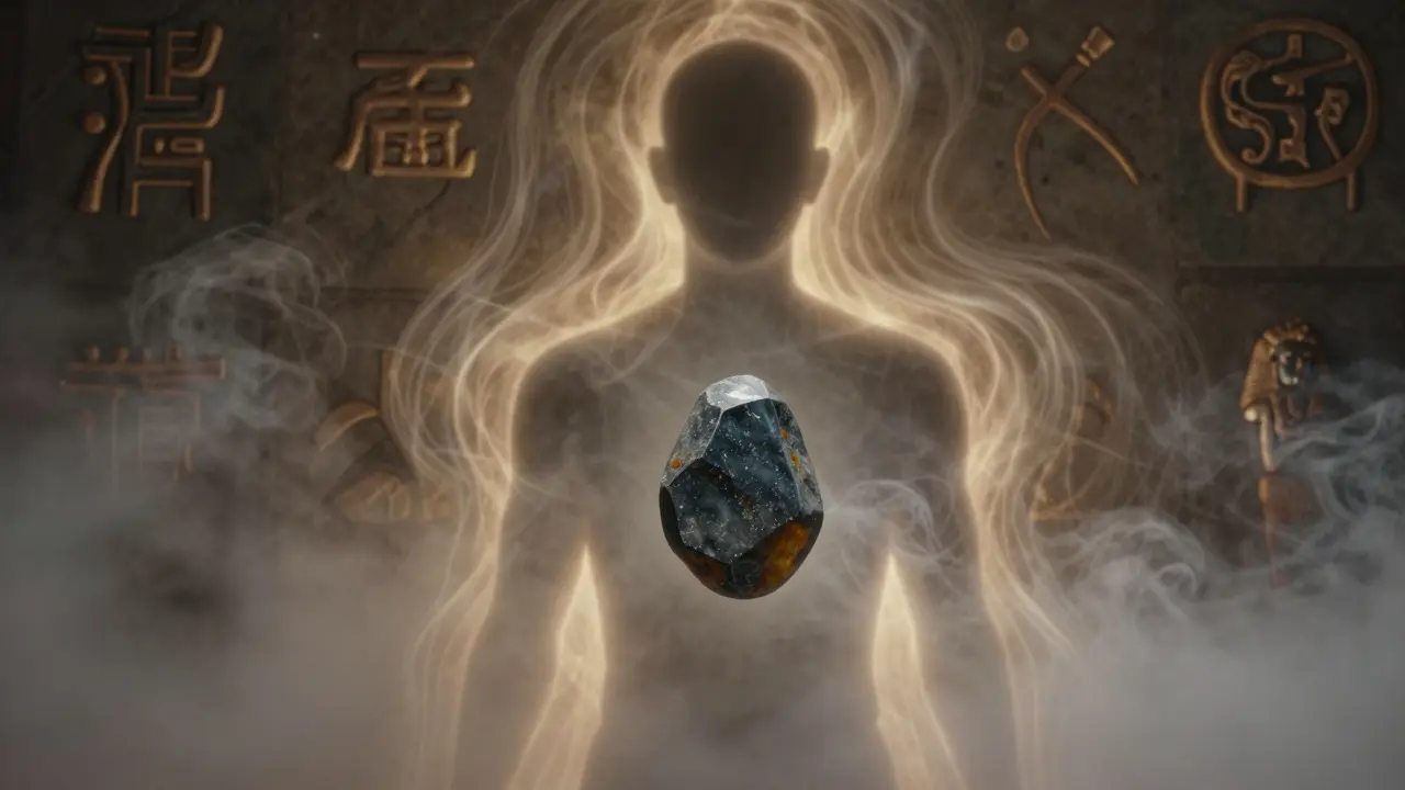 Human silhouette surrounded by heat and cooling mist, with ancient stone symbols in the background, symbolizing timeless healing.