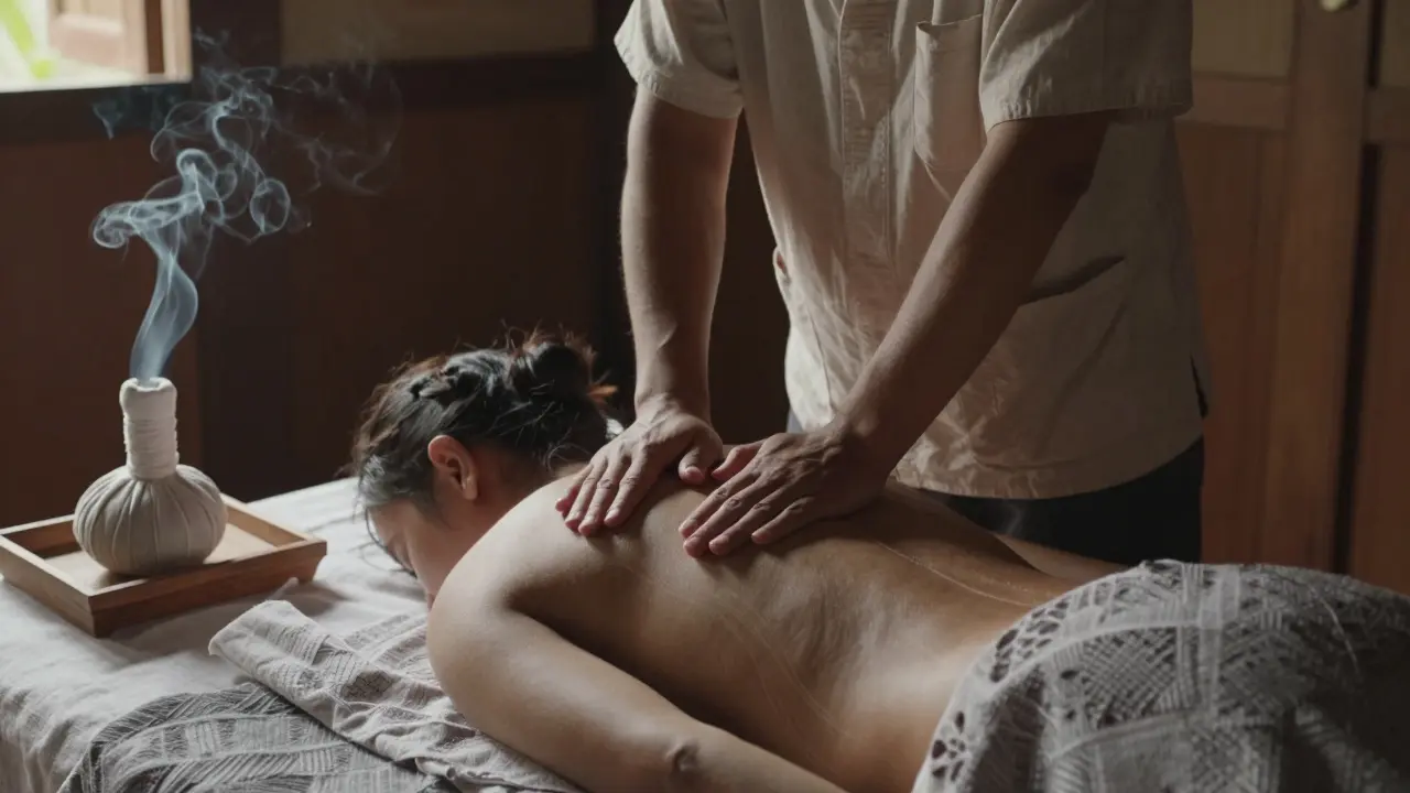 Therapist applying slow pressure along a client's spine in a quiet Lao spa at dawn.