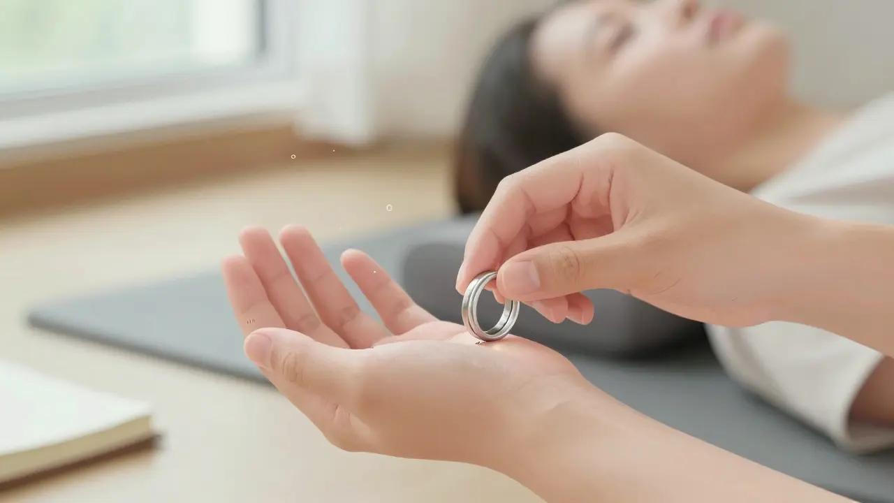 A hand applying pressure to the PC6 point on the inner wrist, with an acupressure ring worn on the fingers.