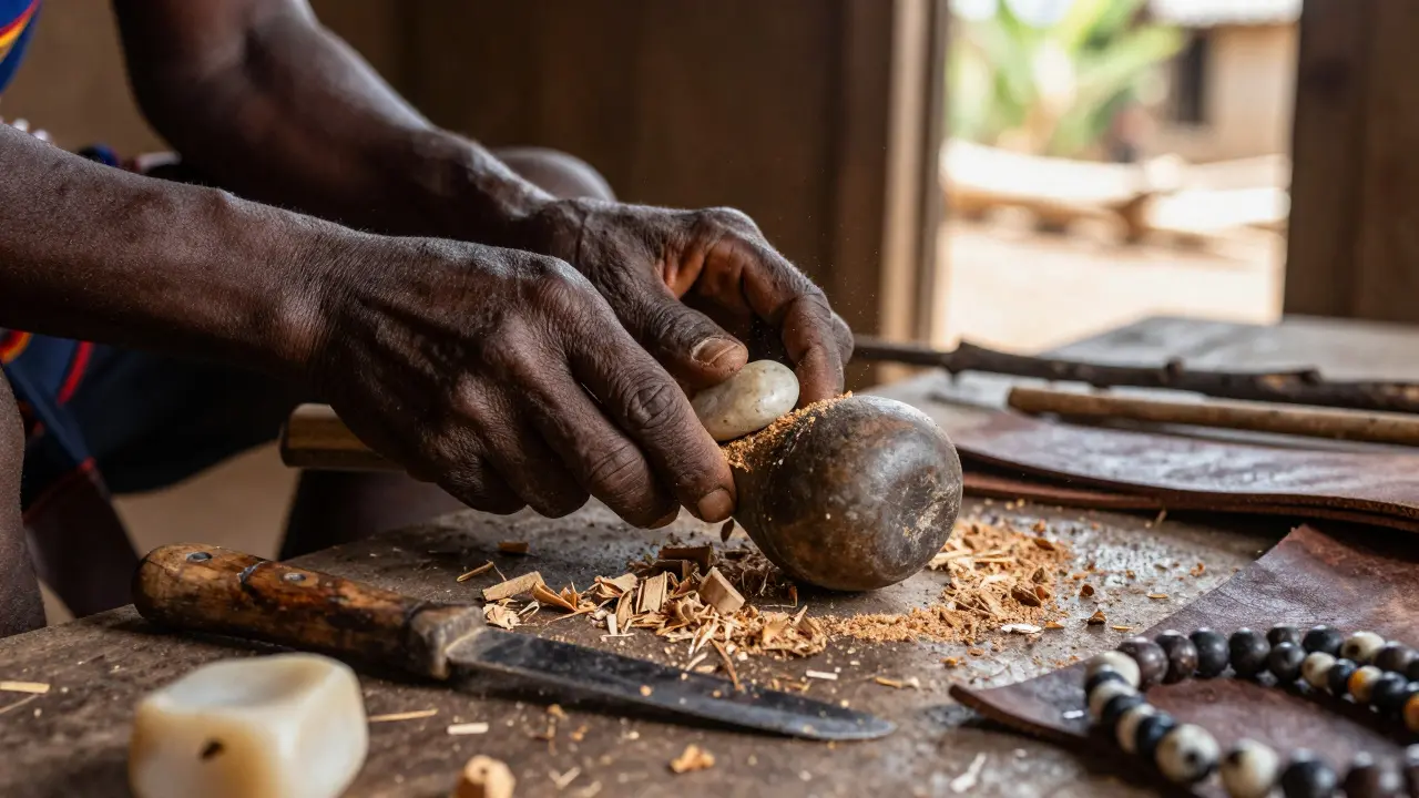 A Maasai artisan carefully sands a wooden rungu with a river stone, wood shavings falling around his hands in a quiet workshop.
