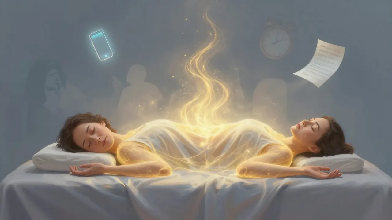 A woman in deep relaxation during a Reiki session, with a glowing energy field rising from her body as daily stressors fade away.