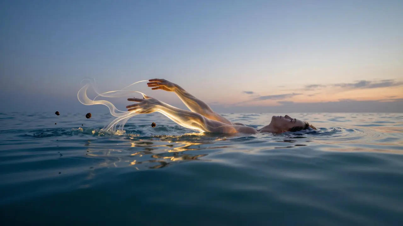 An abstract representation of emotional tension dissolving into gentle ripples of light during a lomi lomi massage.
