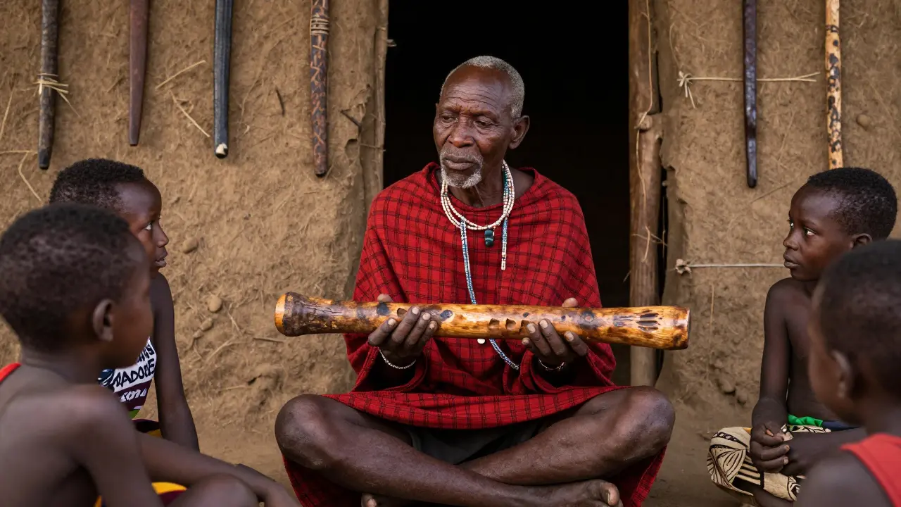 An elderly Maasai man holds an aged rungu while telling stories to children outside his home, with rungus hanging above the doorway.