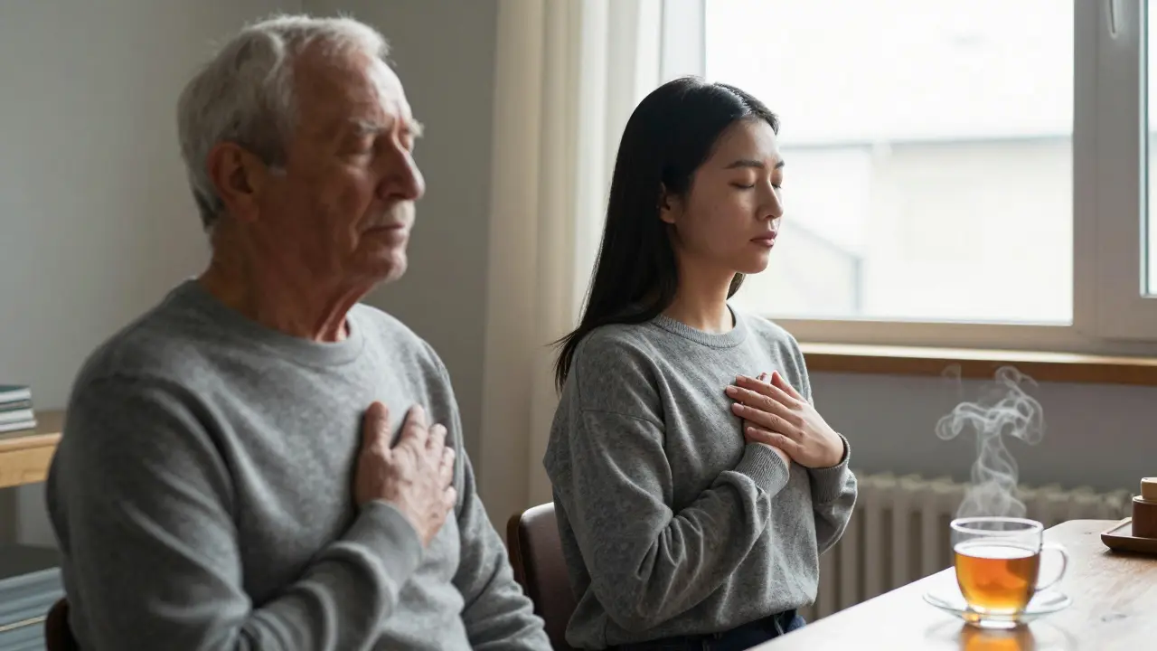 An elderly man and young woman practicing self-Reiki together at home, hands on their hearts, bathed in morning light.