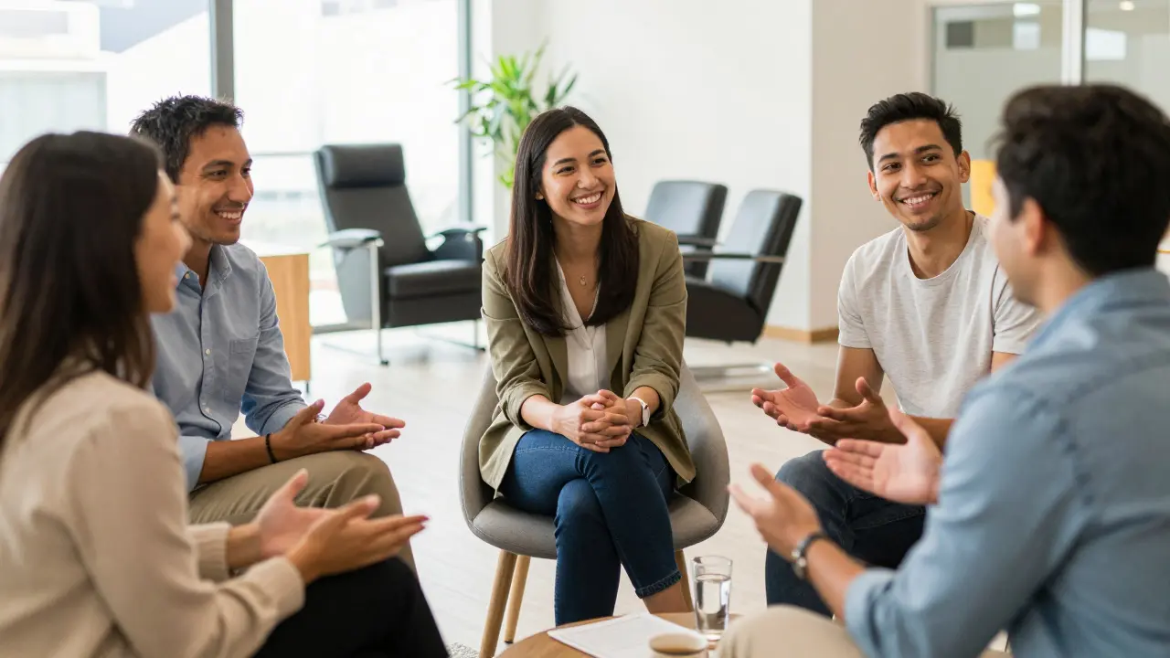 Diverse colleagues smiling and talking in a bright office lounge area.