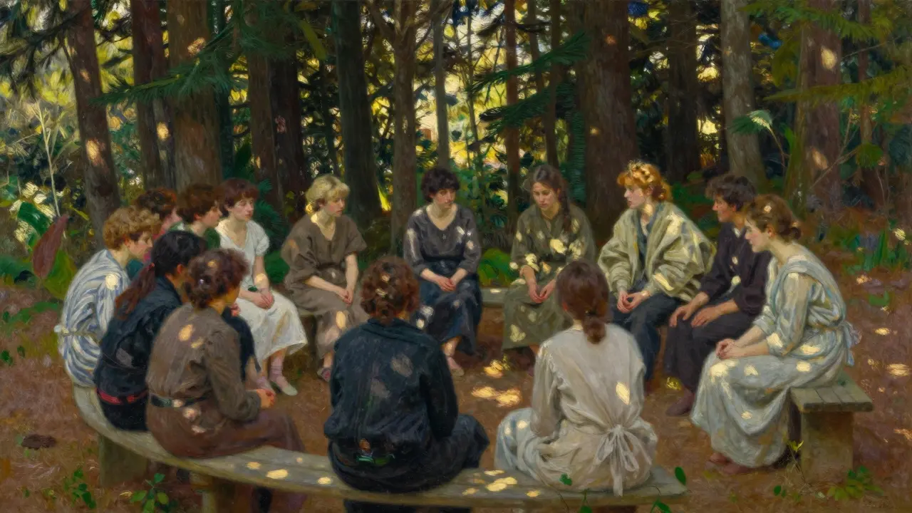 People sitting in a circle in a forest engaged in thoughtful conversation