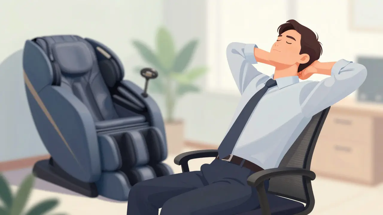 Relaxed business professional stretching at desk with wellness chair nearby.