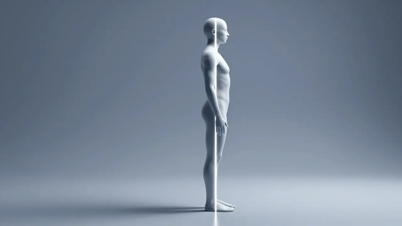 Silhouette of human figure with gravity alignment line.