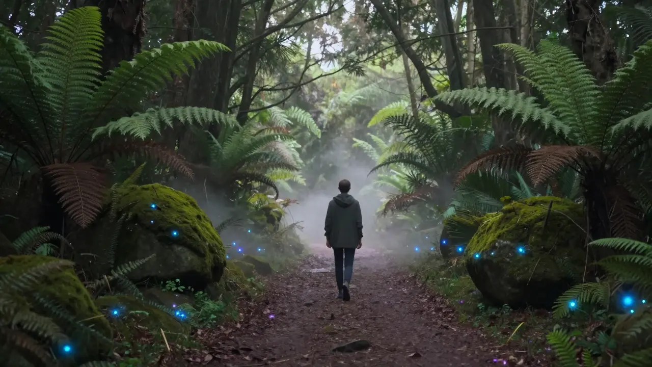 Solitary figure walking on a forest path toward a bright clearing in fog