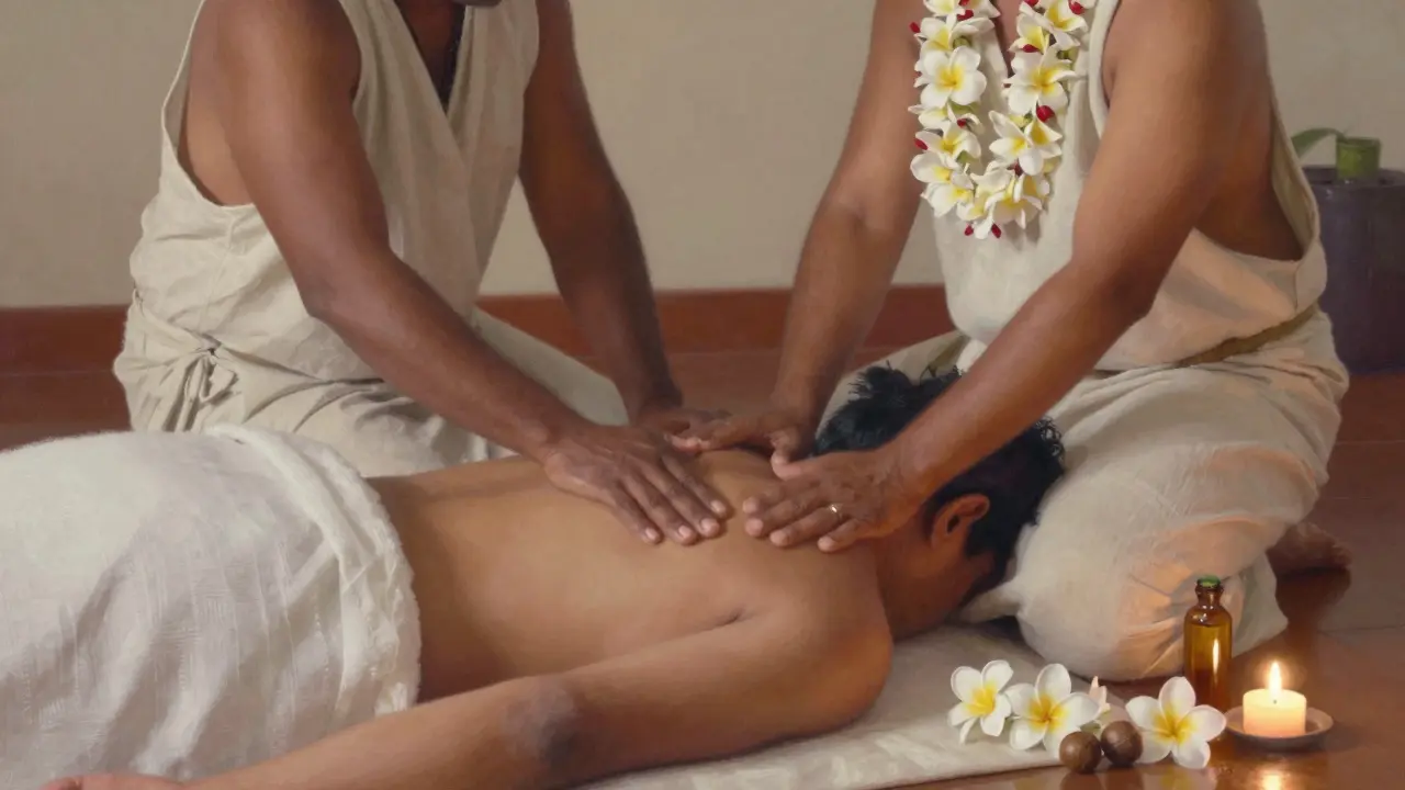 Two healers working in harmony on a client during a traditional lomi lomi session, surrounded by natural oils and soft light.