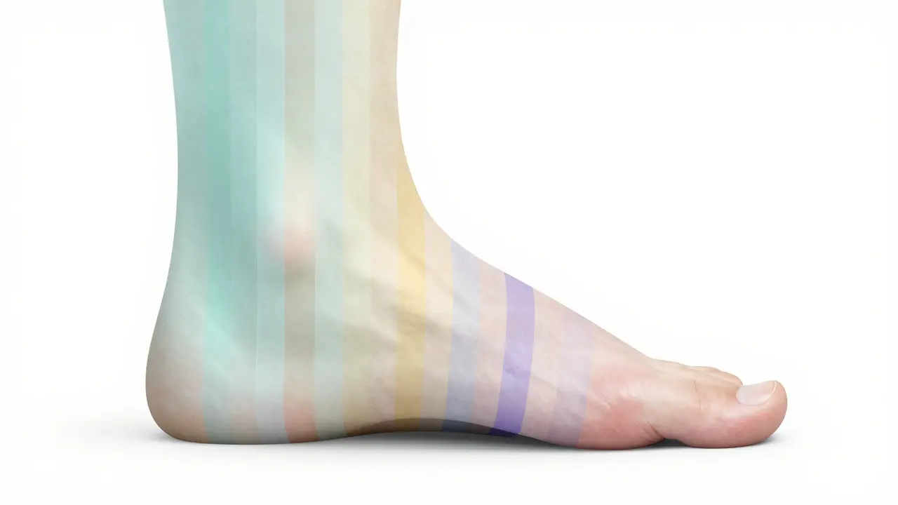 A conceptual diagram showing ten colored longitudinal zones aligning a foot with a human body.