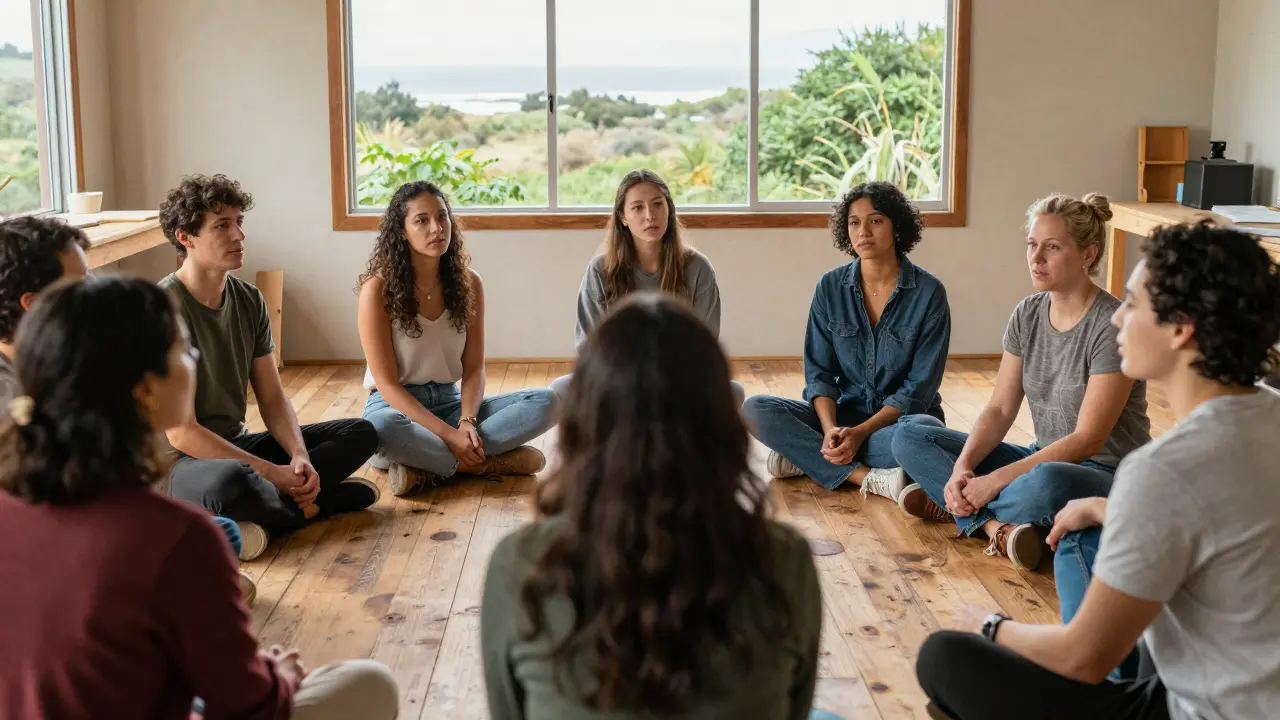 A diverse group of people in a circle participating in an emotional growth workshop in Big Sur.