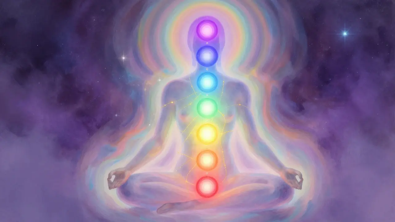 A meditative figure with seven glowing colorful chakras aligned along the spine.
