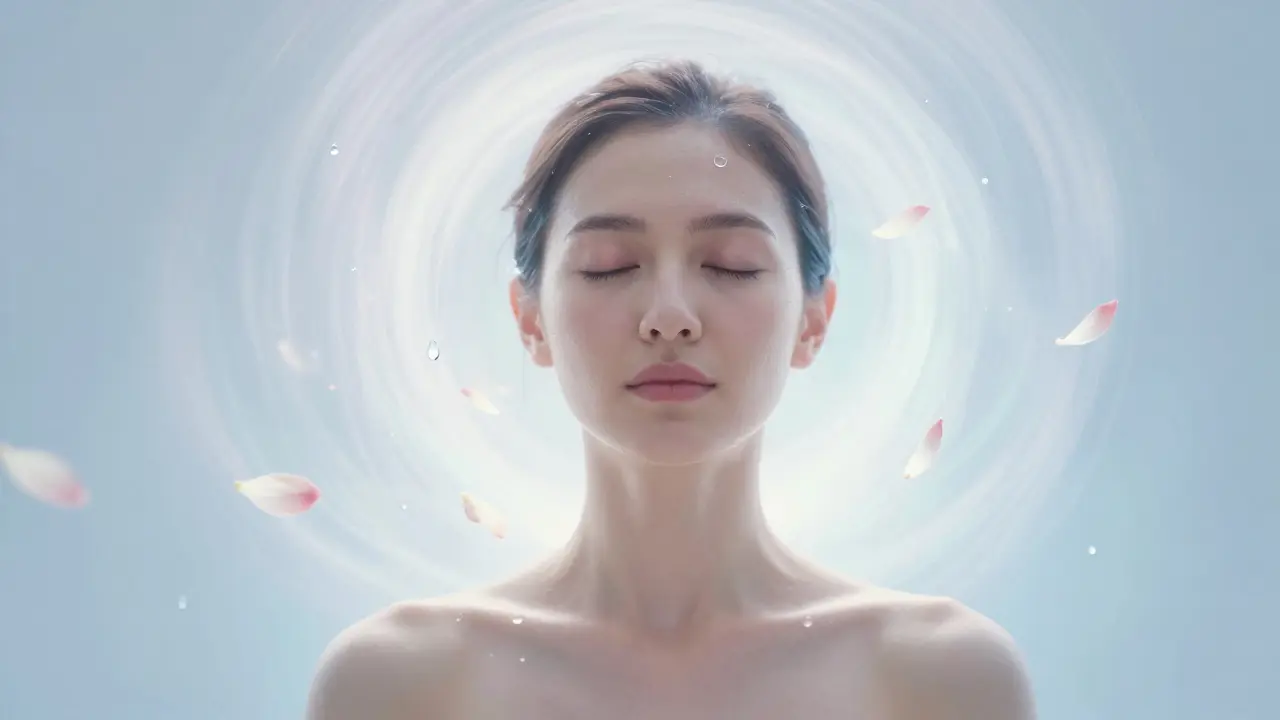 A person in a state of deep calm surrounded by a serene white and blue glowing aura