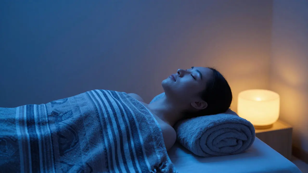 A relaxed person wrapped in a pestemal towel in a modern wellness spa