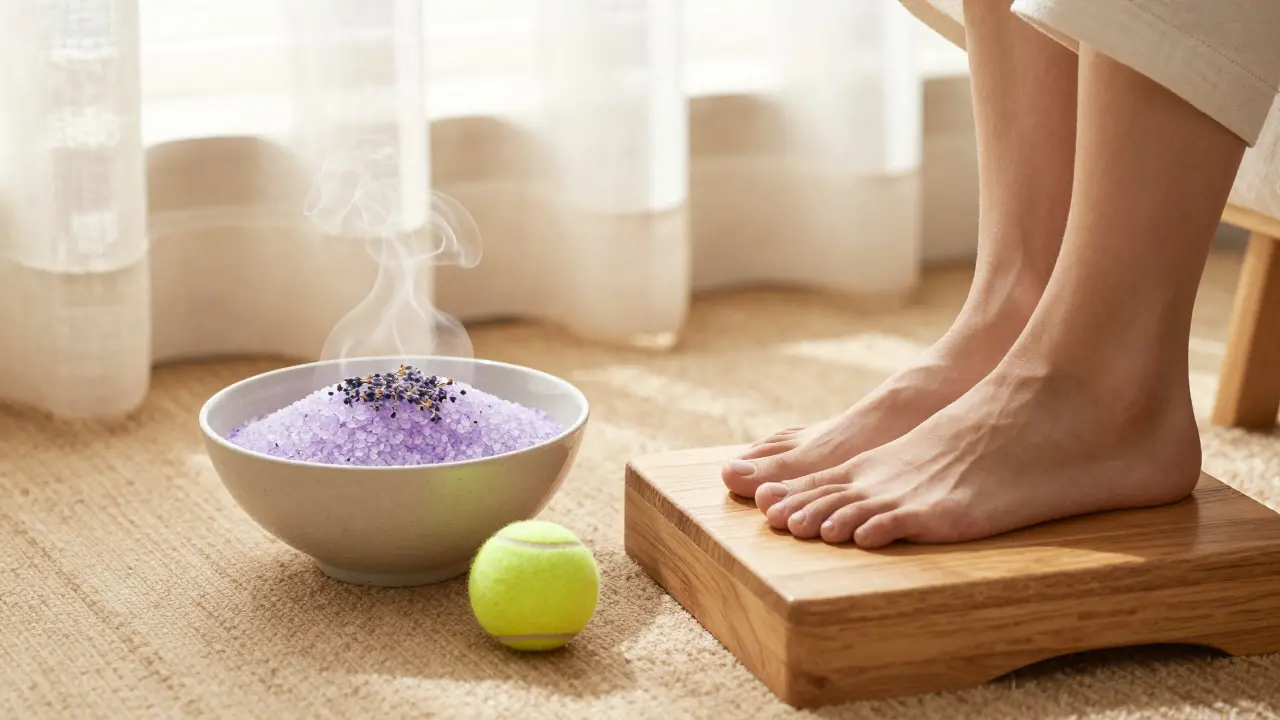 A relaxing home wellness scene with a foot soak and a tennis ball for reflexology.