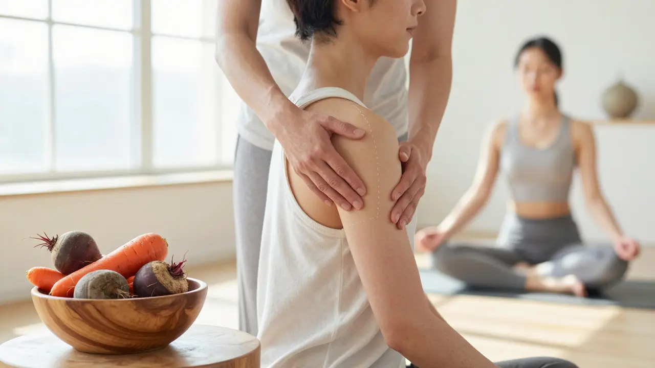 A wellness scene featuring energy balancing touch, root vegetables, and gentle stretching.