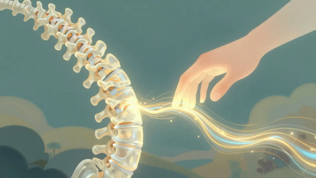 Abstract illustration of golden energy flowing through a spine as tension is released by a light touch.